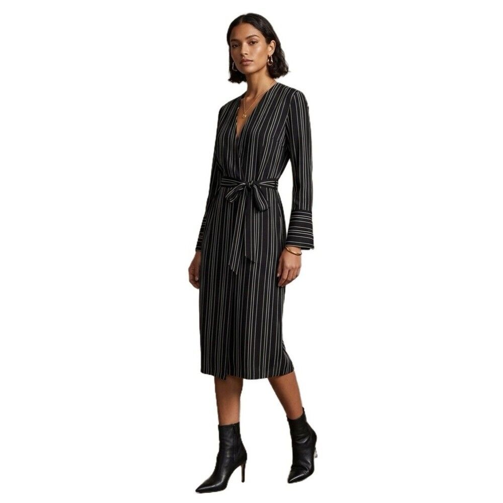 Zara Black and White Striped Wrap Dress with Pockets